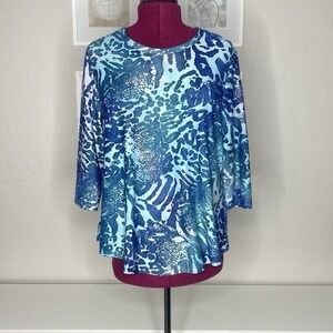 Calessa Blouse Women's PXL Blue Animal Print 3/4 Sleeve Burnout Crew Neck Top